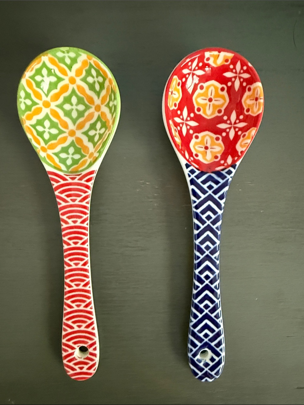 Hand-Painted Ceramic Serving Spoon Set - Red & Green Patterns
